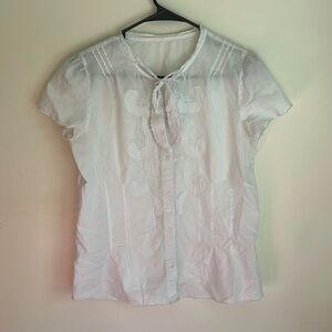 Vintage White Short Sleeve Blouse with Bow Necktie Romantic Cottagecore